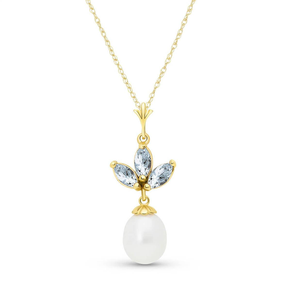 4.75 Carat 14K Solid Yellow Gold Necklace Pearl Aquamarine