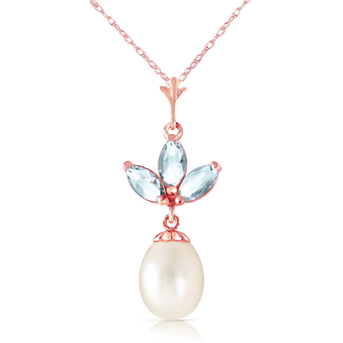 14K Solid Rose Gold Necklace w/ Pearl & Aquamarines