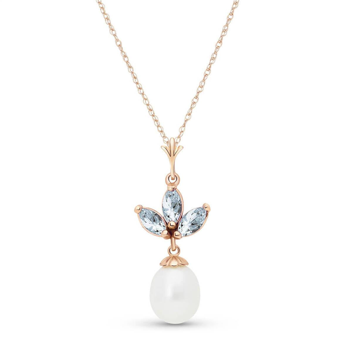 14K Solid Rose Gold Necklace w/ Pearl & Aquamarines