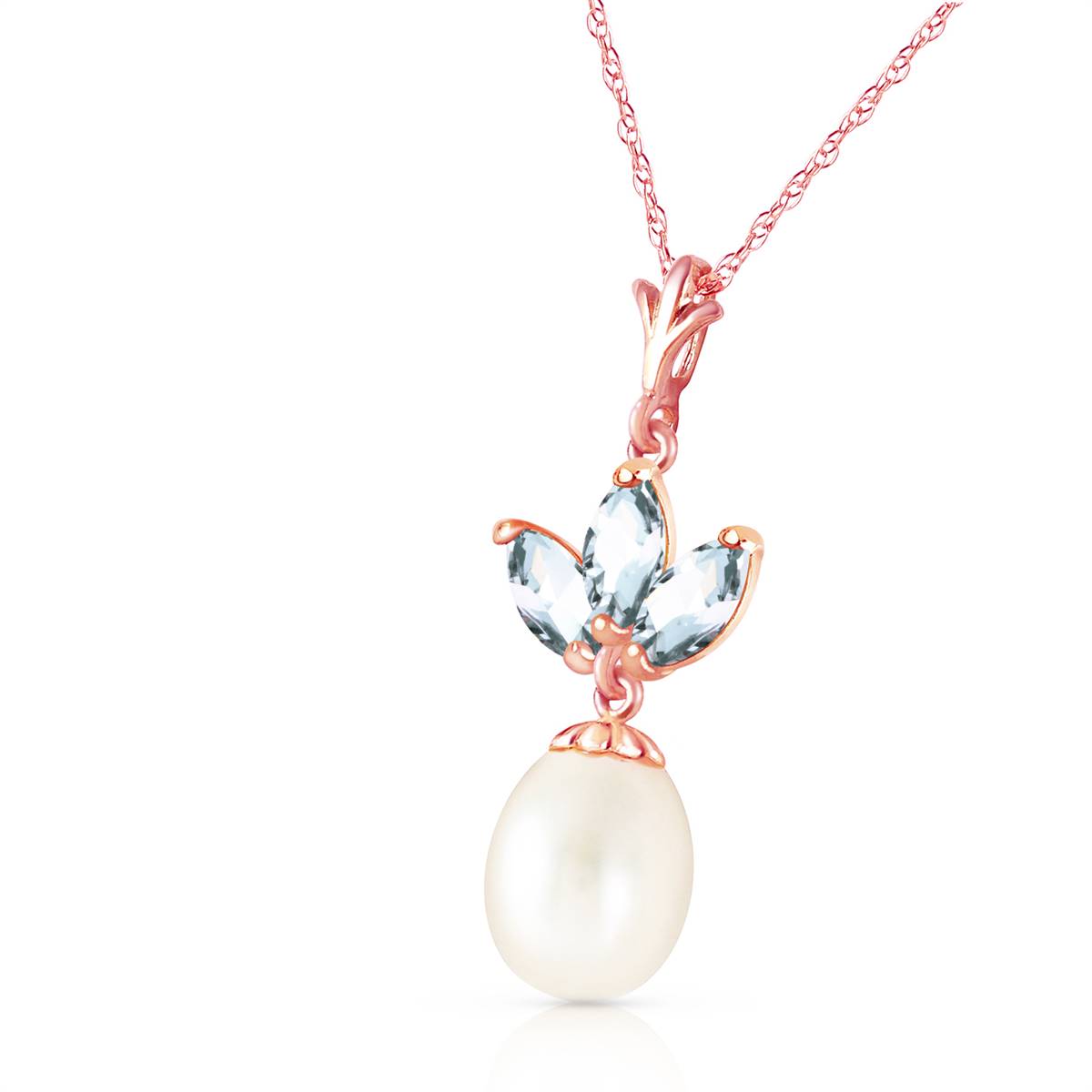 14K Solid Rose Gold Necklace w/ Pearl & Aquamarines