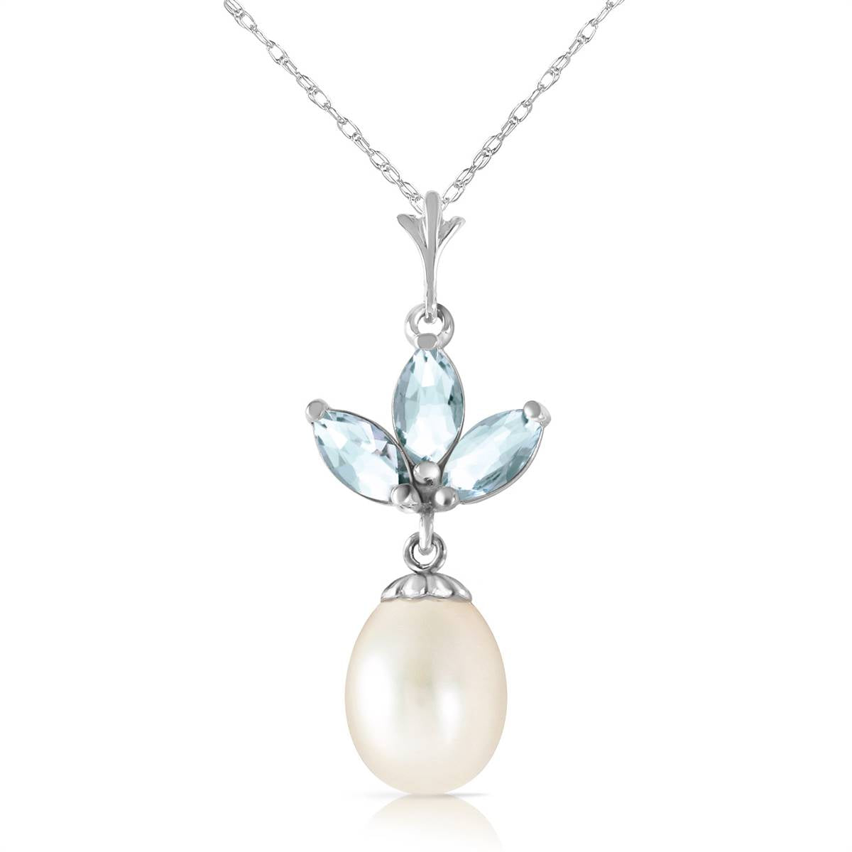 4.75 Carat 14K Solid White Gold Necklace Pearl Aquamarine