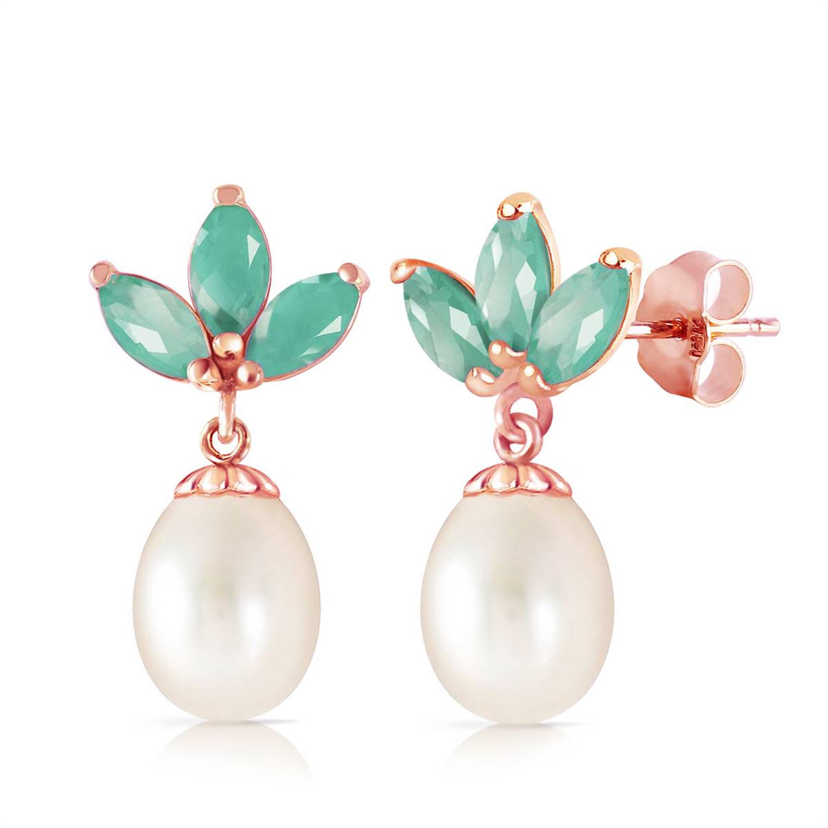 14K Solid Rose Gold Dangling Earrings w/ Pearls & Emerald