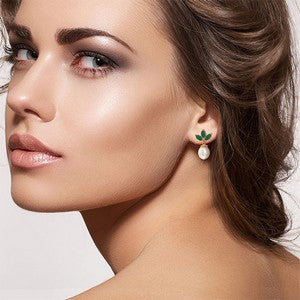 14K Solid Rose Gold Dangling Earrings w/ Pearls & Emerald