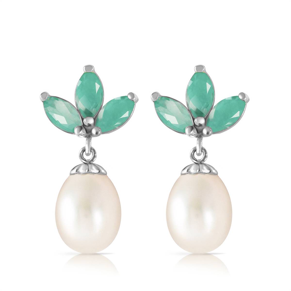 9.5 Carat 14K Solid White Gold Dangling Earrings Pearl Emerald