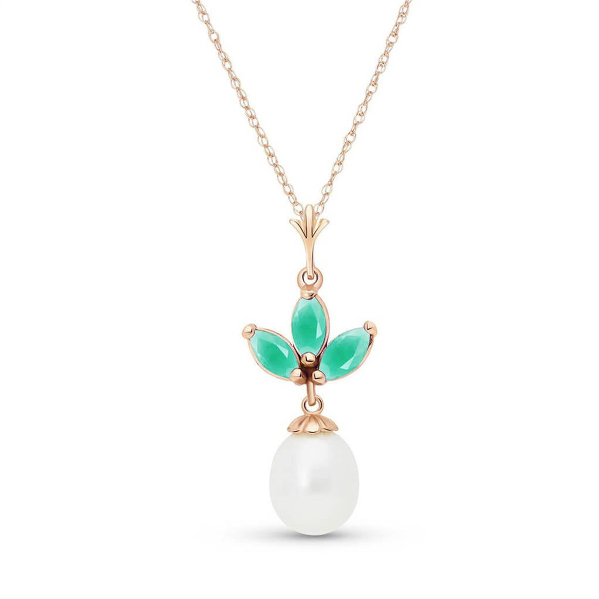 14K Solid Rose Gold Necklace w/ Pearl & Emeralds