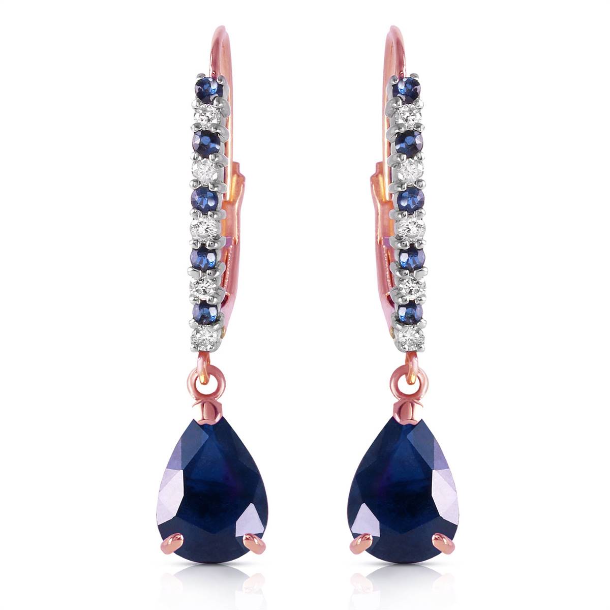 14K Solid Rose Gold Leverback Earrings Natural Diamond & Sapphire Gemstone