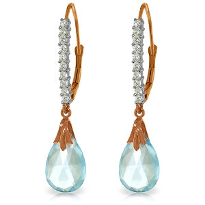 14K Solid Rose Gold Leverback Earrings Natural Diamond & Blue Topaz
