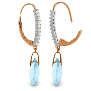 14K Solid Rose Gold Leverback Earrings Natural Diamond & Blue Topaz