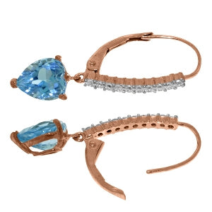 14K Solid Rose Gold Leverback Earrings Natural Diamond & Blue Topaz Gemstone