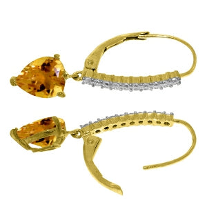 3.55 Carat 14K Solid Yellow Gold Leverback Earrings Natural Diamond Citrine