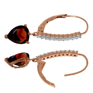 14K Solid Rose Gold Leverback Earrings w/ Natural Diamonds & Garnet