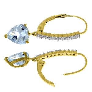3.55 Carat 14K Solid Yellow Gold Leverback Earrings Natural Diamond Aquamarine