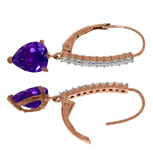 14K Solid Rose Gold Leverback Earrings Natural Diamond & Amethyst Jewelry