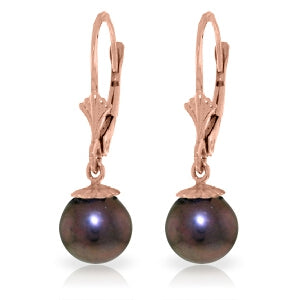 14K Solid Rose Gold Leverback Earrings w/ Natural Black Pearls