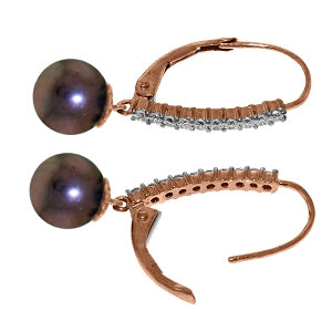 14K Solid Rose Gold Leverback Earrings Diamond & Black Pearl