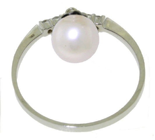 2.1 Carat 14K Solid White Gold Ring Natural Diamond Dangling Pearl