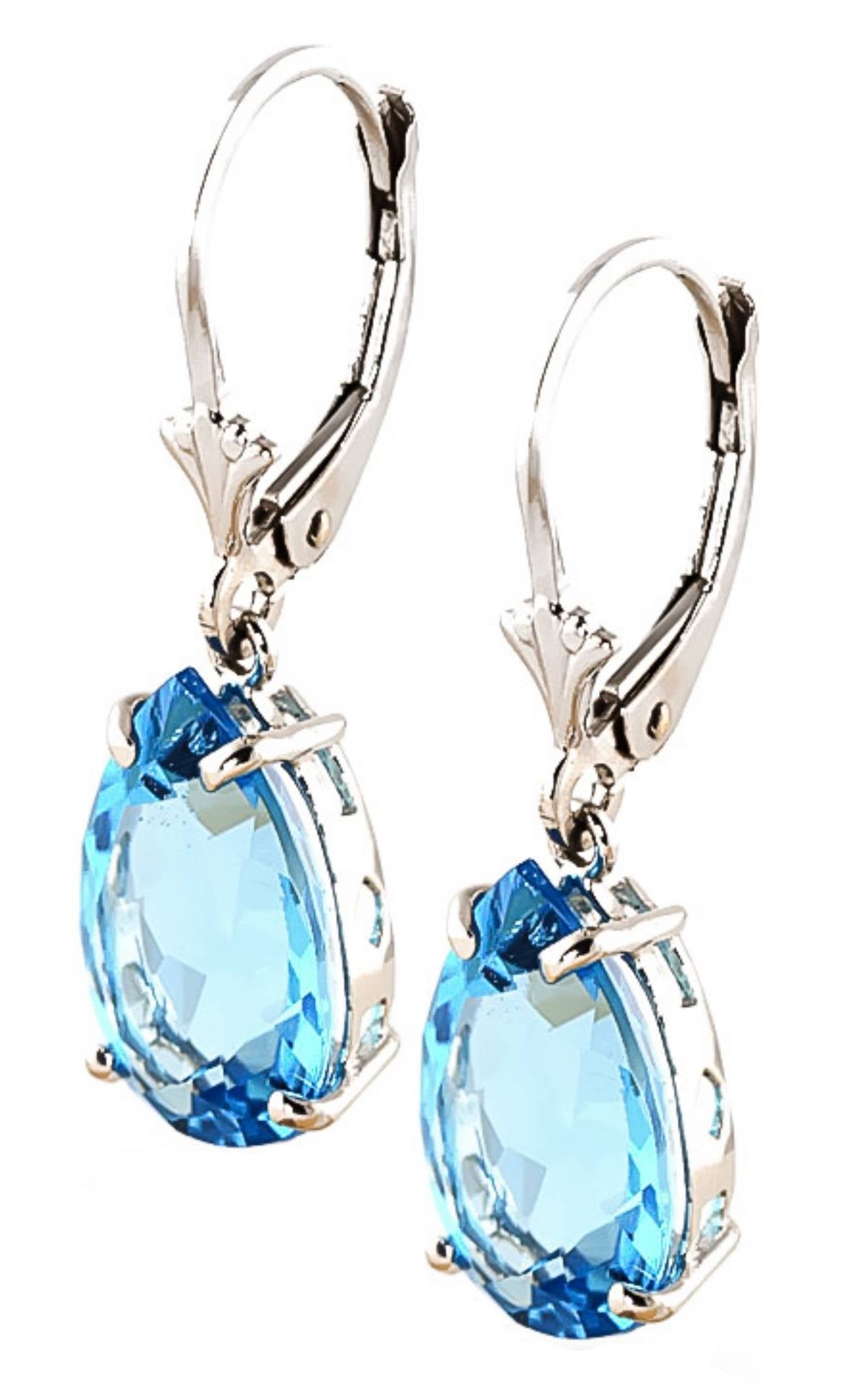 13 Carat 14K Solid White Gold Leverback Earrings Natural Blue Topaz