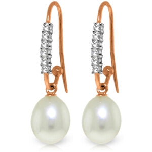 14K Solid Rose Gold Fish Hook Diamond & Pearl Earrings Certified
