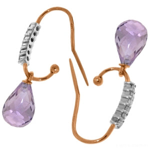 14K Solid Rose Gold Fish Hook Diamond & Amethyst Earrings Jewelry