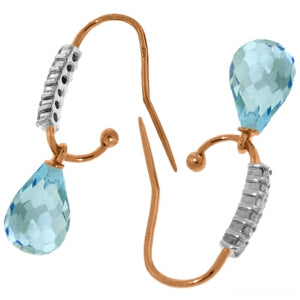 14K Solid Rose Gold Fish Hook Diamond & Blue Topaz Earrings Jewelry