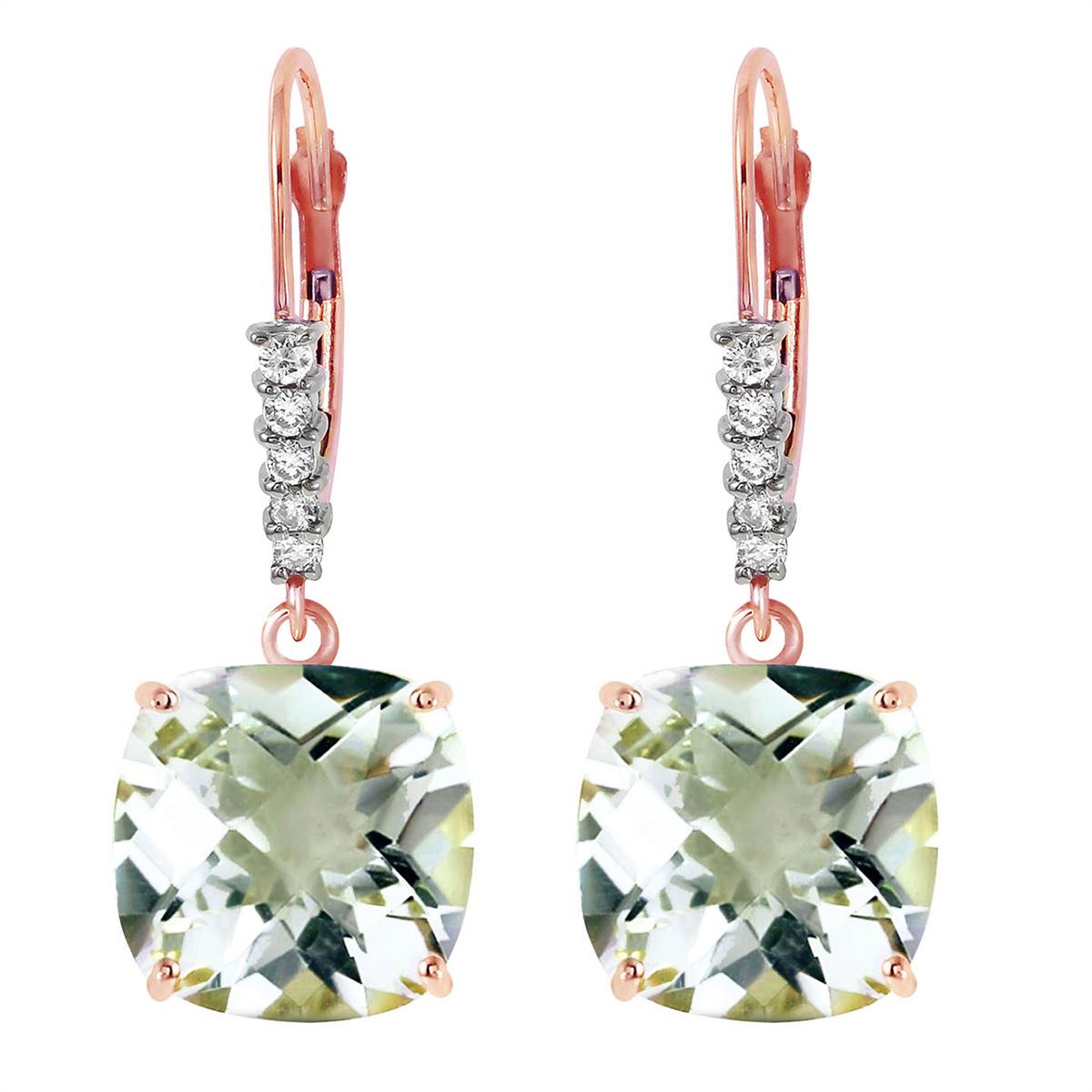 14K Solid Rose Gold Leverback Earrings Diamond & Green Amethyst