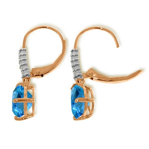 14K Solid Rose Gold Leverback Earrings Natural Diamond & Blue Topaz Certified