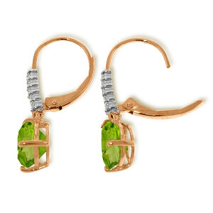 14K Solid Rose Gold Leverback Earrings Natural Diamond & Peridot Class