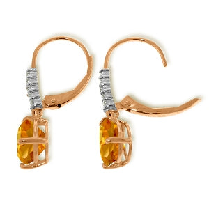 14K Solid Rose Gold Leverback Earrings Natural Diamond & Citrine Jewelry
