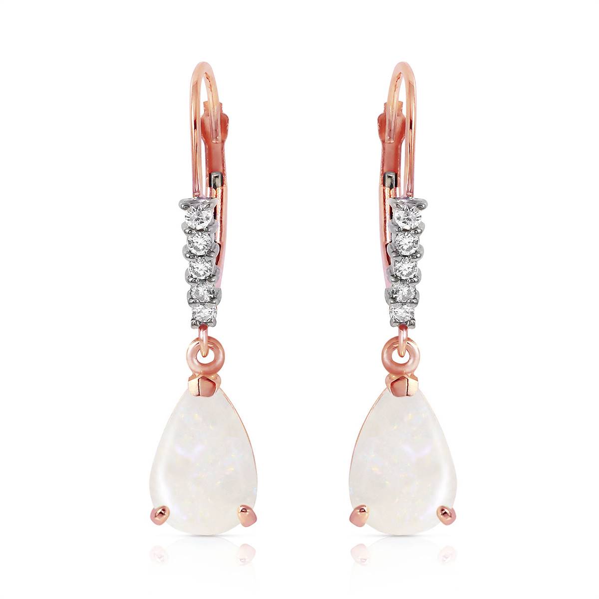 14K Solid Rose Gold Leverback Earrings w/ Natural Diamonds & Opals