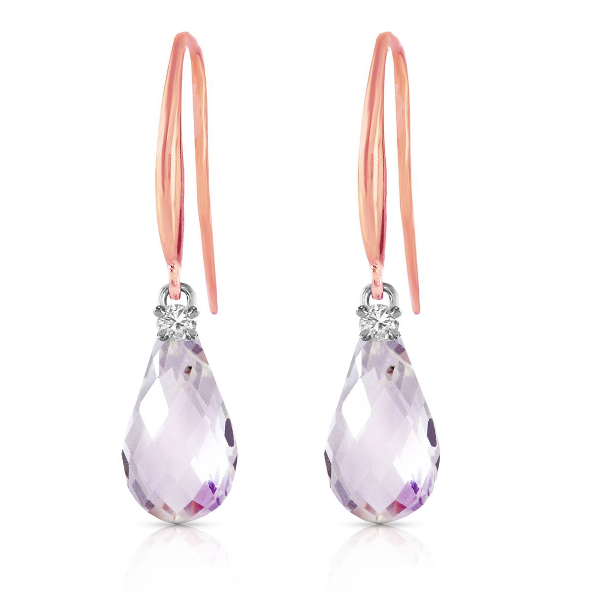 14K Solid Rose Gold Fish Hook Diamond & Pink Topaz Earrings