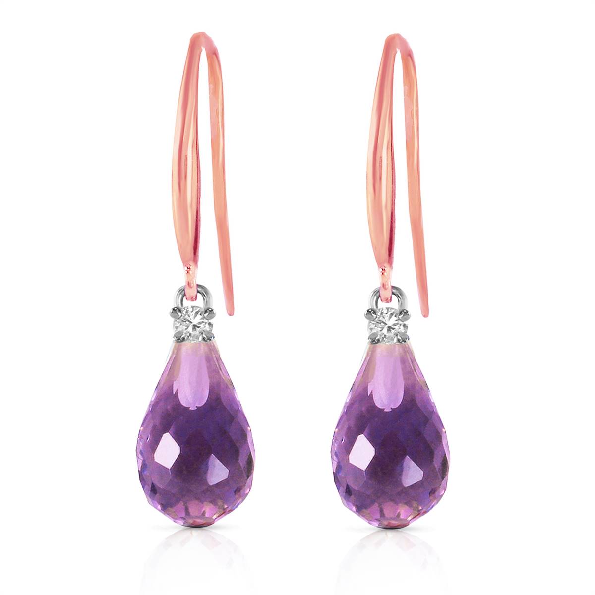 14K Solid Rose Gold Fish Hook Diamond & Amethyst Earrings Certified