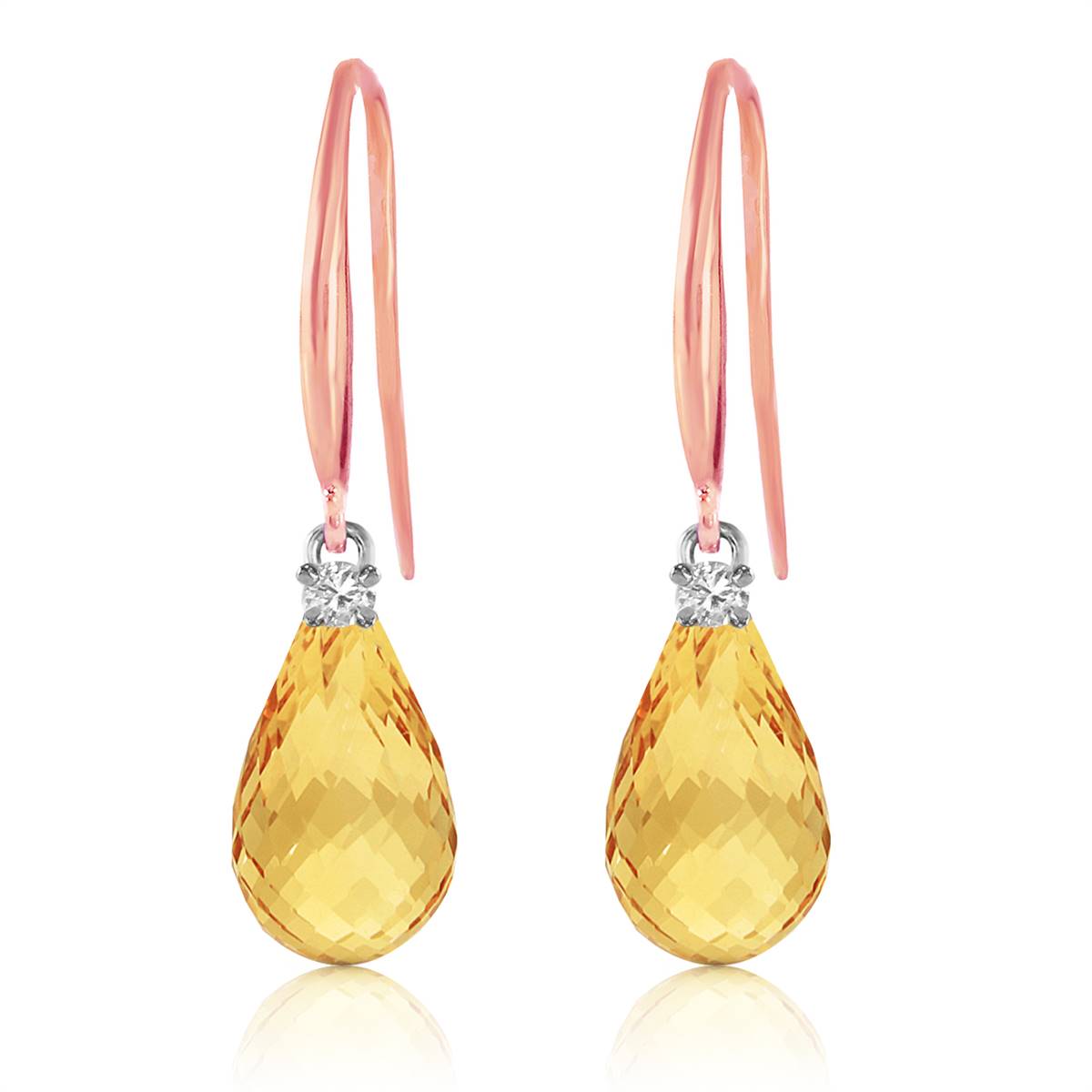 14K Solid Rose Gold Fish Hook Diamond & Citrine Earrings Gemstone