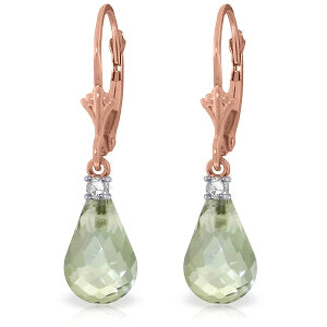 14K Solid Rose Gold Leverback Earrings Diamond & Green Amethyst Jewelry