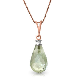 14K Solid Rose Gold Necklace w/ Natural Diamond & Green Amethyst