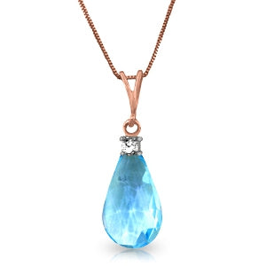 14K Solid Rose Gold Natural Diamond & Blue Topaz Necklace Jewelry