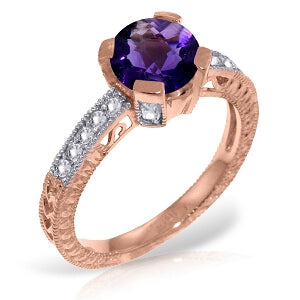 14K Solid Rose Gold Ring Natural Diamond & Purple Amethyst Gemstone