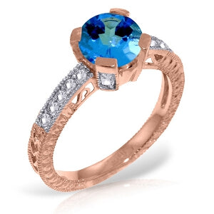 14K Solid Rose Gold Ring Natural Diamond & Blue Topaz Certified