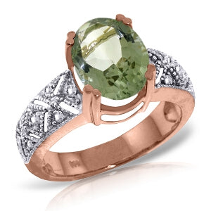 14K Solid Rose Gold Ring w/ Natural Diamonds & Green Amethyst
