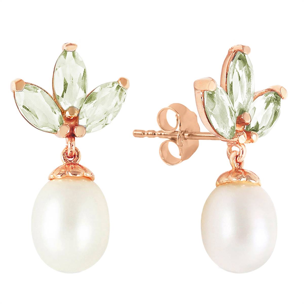 14K Solid Rose Gold Dangling Earrings w/ Pearls & Green Amethyst
