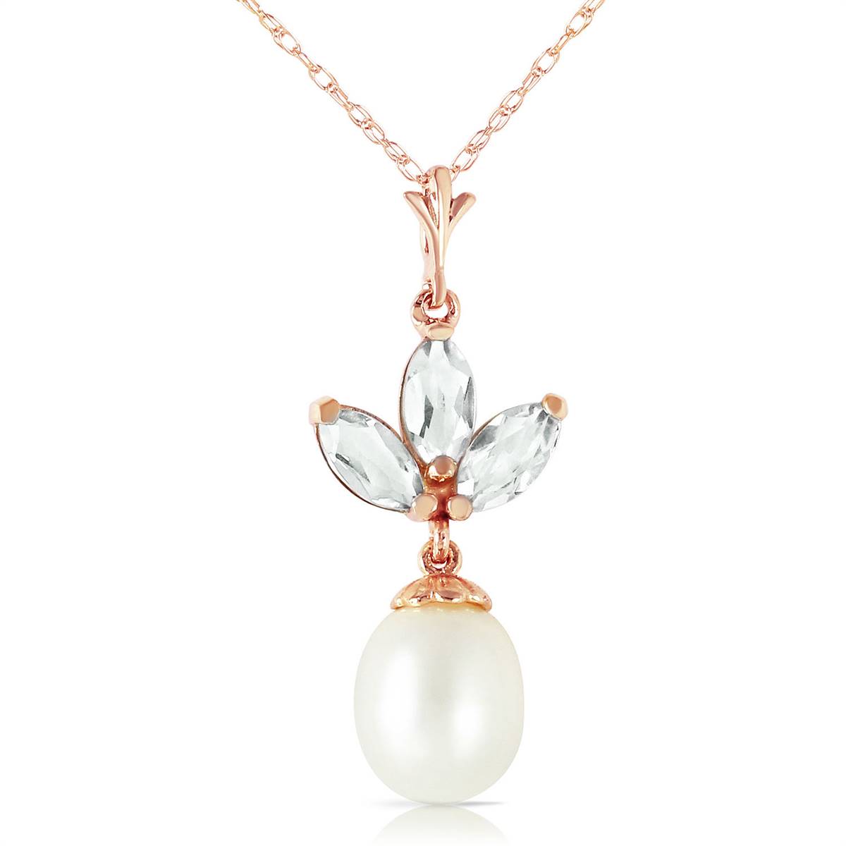 14K Solid Rose Gold Necklace w/ Pearl & Green Amethyst