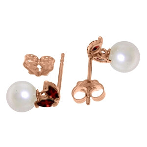 14K Solid Rose Gold Stud Earrings w/ Pearls & Garnets
