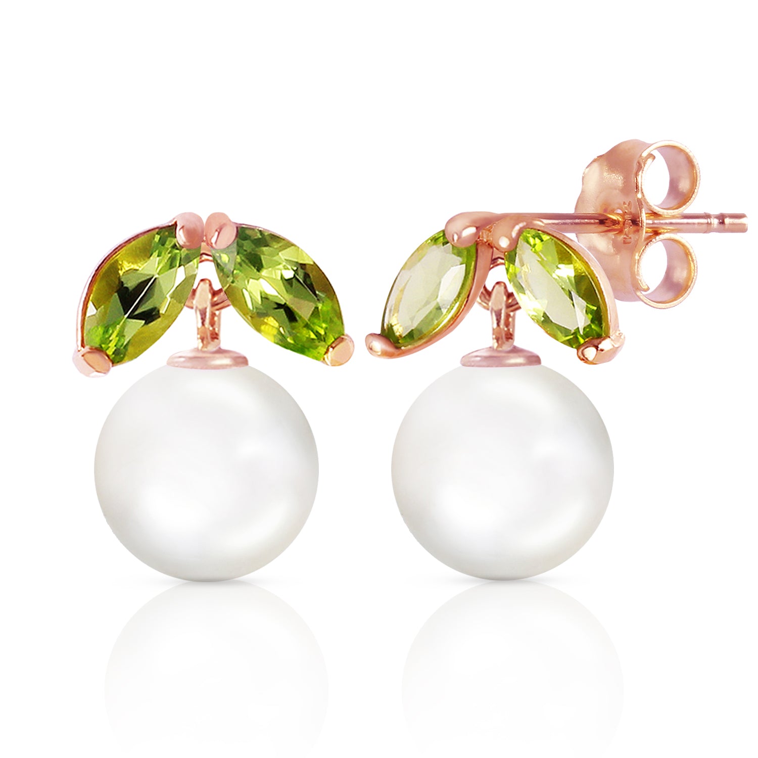 14K Solid Rose Gold Stud Earrings w/ Pearls & Peridots