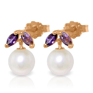 14K Solid Rose Gold Stud Earrings w/ Pearls & Amethyst