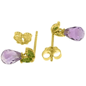 3.4 Carat 14K Solid Yellow Gold Stud Earrings Peridot Amethyst