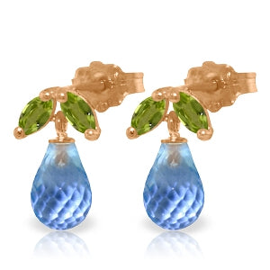 14K Solid Rose Gold Stud Earrings w/ Peridot & Blue Topaz