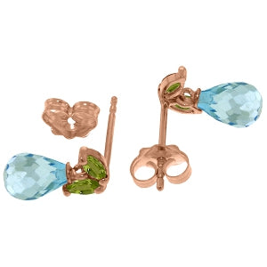 14K Solid Rose Gold Stud Earrings w/ Peridot & Blue Topaz