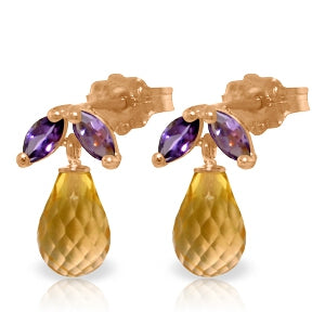 14K Solid Rose Gold Stud Earrings w/ Amethyst & Citrines