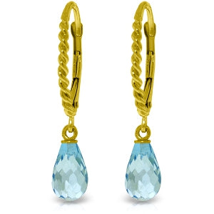 3 Carat 14K Solid Yellow Gold Leverback Earrings Briolette Blue Topaz