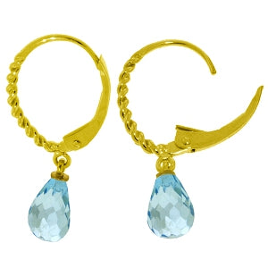 3 Carat 14K Solid Yellow Gold Leverback Earrings Briolette Blue Topaz