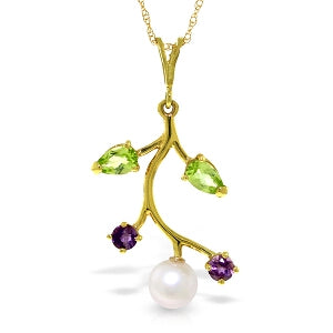 2.7 Carat 14K Solid Yellow Gold Necklace Amethyst, Peridot Pearl